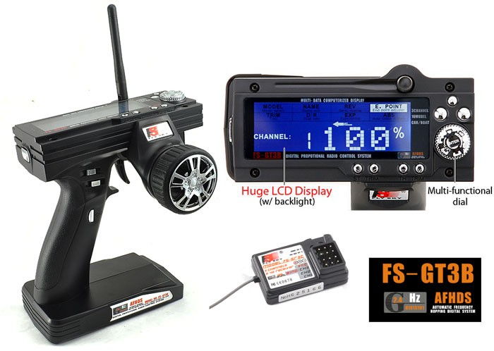 FlySky: Radio transmitter FS-GT3B 3CH 2.4GHz w/screen & receiver - Πατήστε στην εικόνα για να κλείσει